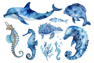 Wall Mural - Set of watercolor marine illustrations with sea animals and abstract elements of sea animals. Blue watercolor ocean fish, Medusa, whale, seahorse illustration