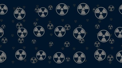 Poster - Radiation symbols float horizontally from left to right. Parallax fly effect. Floating symbols are located randomly. Seamless looped 4k animation on dark blue background
