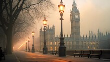 An Atmospheric Photograph Of A Foggy Street With A Striking Clock Tower Rising Above The Mist, Foggy Morning In London With The Iconic Big Ben In Background, AI Generated