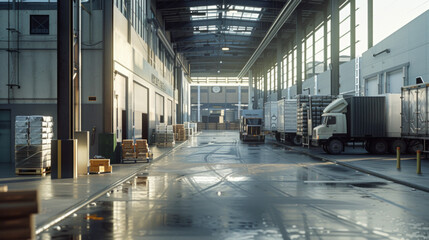 A busy food distribution center with loading docks, refrigerated storage systems, and delivery trucks, currently idle but ready to handle the transportation of food supplies