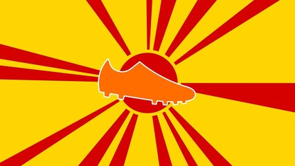 Poster - Football boot symbol on the background of animation from moving rays of the sun. Large orange symbol increases slightly. Seamless looped 4k animation on yellow background