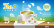 Chamomile tea poster. Herbal beverage advertising banner design. Realistic 3d meadow daisy flower, cup with hot drink and teabag on table. Aromatic fresh medical herb. Vector concept