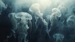 Ethereal jellyfish ballet in deep ocean, mesmerizing beauty as they gracefully glide