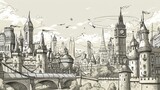 Fototapeta Londyn - Black and white drawing of a city with a bridge, castle buildings and a clock tower. Pigeons are flying in the sky.