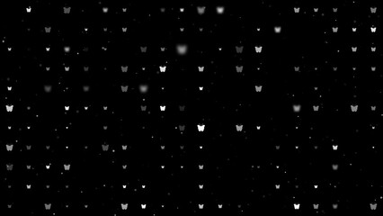 Poster - Template animation of evenly spaced butterfly symbols of different sizes and opacity. Animation of transparency and size. Seamless looped 4k animation on black background with stars
