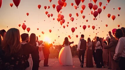 Wall Mural - A happily married bride and groom stand amidst a joyous crowd of red balloons on their special day, Heart balloons getting released into the evening sky during a wedding, AI Generated