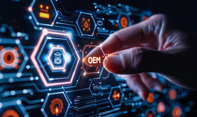 Poster - Business concept image of futuristic interface with hexagonal icons and word OEM, representing original equipment manufacturer or outsourcing partnerships and integration with third-party solutions