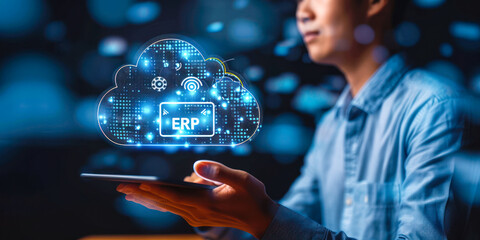 Poster - executive implementing cloud-based erp system for business management efficiency through a smart int