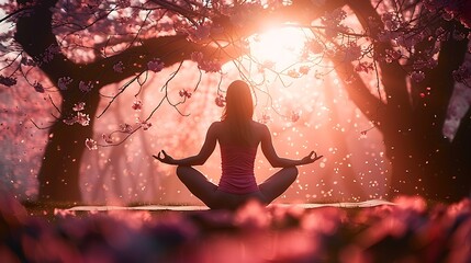 Silhouette young woman practicing yoga in the blooming cherry blossom woods background AI generated