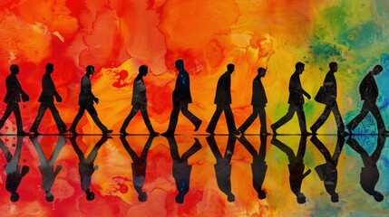 a group of silhouettes of people walking in a row in one direction, one person walking in the other 