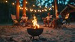 Cast iron fire pit campfire place at forest beach camping with brgiht burning flame at evening time against light bulb garland and trees.