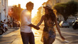 Couple dances on city street at sunset in warm sunlight. Their expressions movement capture carefree romantic moment. Urban setting adds to vibrant atmosphere, suitable for lifestyle, travel concepts