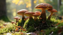 A Group Of Mushrooms Growing On Green Moss In The Forest. Mushrooms Vary In Size And Orange Color. The Background Is Out Of Focus, Creating A Shallow Depth Of Field Effect.