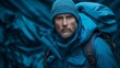 A mature, bearded man dressed in blue winter hiking attire, with a serious expression, standing against a blue tarp