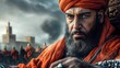 A precise digital representation of a bearded man in an orange turban with an immersive historical city background