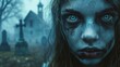 A zombie girl with blue eyes and a blue face stares into the camera. She is in front of a cemetery with a church in the background.