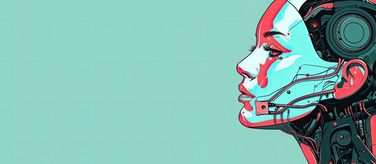 Poster - A drawing of a robots face wearing headphones, depicted in electric blue and carmine colors. The robot has a futuristic helmet and the artwork combines elements of art and fiction