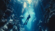 Oceanic Serenity: In a tranquil underwater paradise, a scuba diver shares a moment of serenity with a majestic shark. As they move together in perfect synchrony, the stresses of th