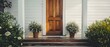 Inviting Minimalist Entry with Symmetrical Porch Plants. Concept Minimalist Decor, Symmetrical Design, Porch Plants, Entryway Style