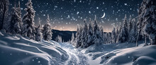 A Snowy Landscape With Tall Pine Trees Covered In Snow, Illuminated By The Soft Glow Of Moonlight And Stars. Generative Ai