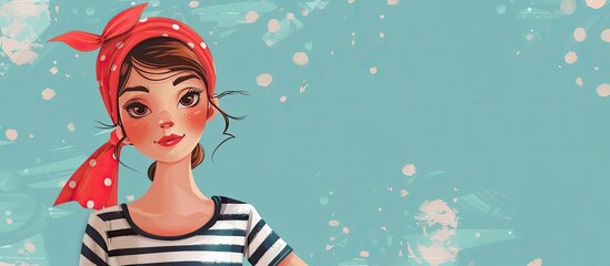 Poster - A happy cartoon girl with an electric blue headband and striped shirt, a big smile, and long eyelashes. She wears a fun hat and enjoys leisure activities with water and art