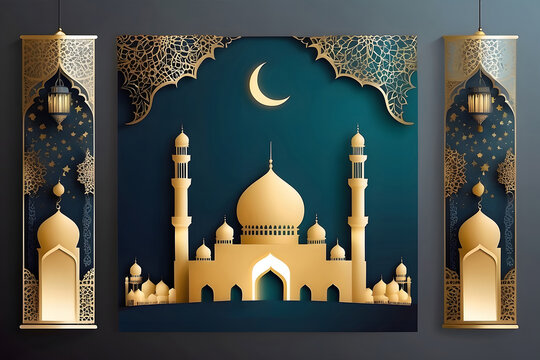 lantern and mosque Islamic, eid-mubarak, eid al-Adha, banner design, mock-up