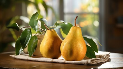 Wall Mural - A pair of ripe pears on the table against the background of a plant.
