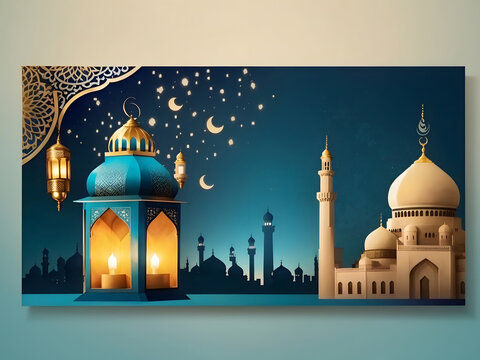 lantern and mosque Islamic, eid-mubarak, eid al-Adha, banner design, mock-up