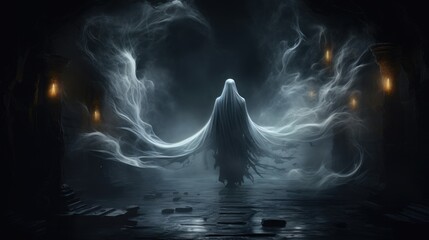 Canvas Print - A cloaked figure in a dark room, with smoke and torches illuminating the space.