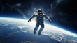 An astronaut is floating in space with the Earth in the background. The astronaut is wearing a spacesuit and has a backpack. The background consists of stars and a black sky.