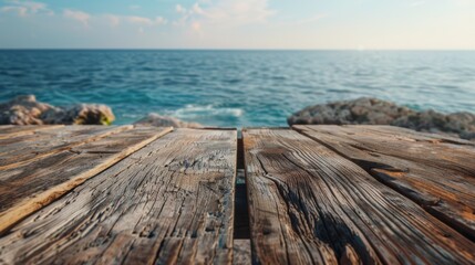 Wall Mural - Sea shore beach summer vacation with wooden table shelf background concept