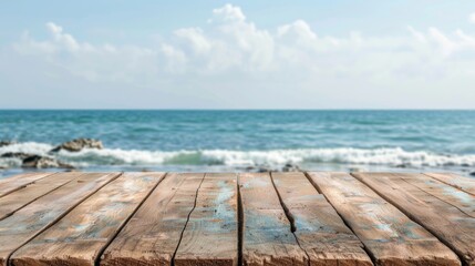 Wall Mural - Sea shore beach summer vacation with wooden table shelf background concept