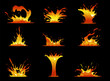 © VectorBum - Lava splashes. Game effect. Dangerous liquid fire. Magma fountains. Hot volcano flows. Molten blobs. Fiery explosion. Volcanic eruption. Fluid flame blast. 2D design elements vector set