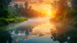 Sunrise Serenity: A Mesmerizing Landscape of Misty River against Forest Backdrop at Dawn