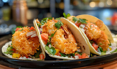 Wall Mural - rice with shrimp. Capture the essence of Fish Tacos in a mouthwatering food . plate of tacos, filled with spicy chicken and creamy avocado. Freshness on a plate grilled meat, guacamole.