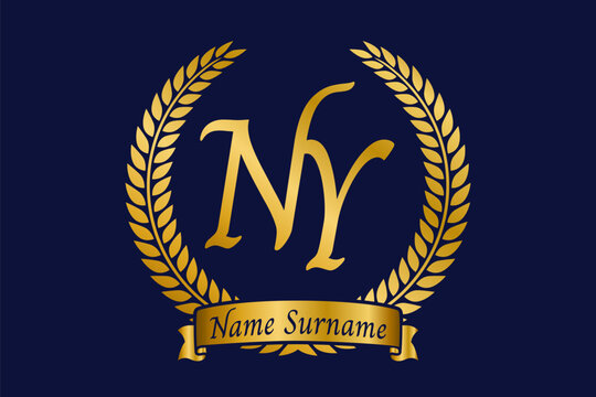 Initial letter N and Y, NY monogram logo design with laurel wreath. Luxury golden calligraphy font.