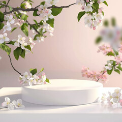 Wall Mural - empty podium mockup on background of apple tree flowers. Minimal pink pastel background