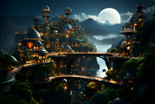 Temple On The Bank Of The River At Night With Full Moon