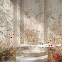 Wall Mural - three Layouts of a white stone podium against a background of wildflowers .