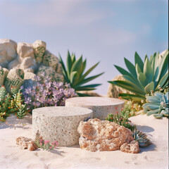 Canvas Print - The podium layout lies on the sand against a background of succulents.