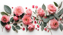 A Stunning Flat Lay Of Pink Peonies Intermingled With Eucalyptus Leaves, Showcasing The Beauty And Freshness Of Spring