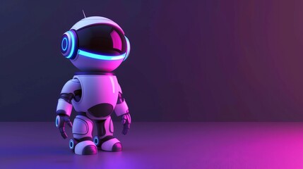 Sleek robot taking a confident stride in violet hues. copy space for text