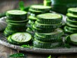 gray wooden background, stacks of fresh zucchini slices are artfully arranged on a plate. The vibrant green hues of the zucchini pop against the muted backdrop, creating a visually appealing contrast.