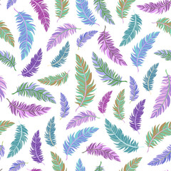  Blue, green and purple shaded plumes floating through the air arranged in vector seamless pattern. Colorful surface art isolated on white backdrop for printing or for use in graphic design projects.