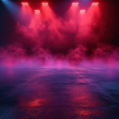 Wall Mural - Abstract scene with round podium, neon light and smoke.