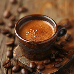 Wall Mural - Hot Coffee in Steaming Cup with Coffee Beans Scattered Around