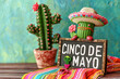 Concepto de celebracion del 5 de mayo en Mexico. Maceta con cactus con cara, sombrero charro sobre tabla de madera ,  fondo grunge turquesa y cartel