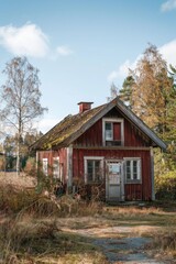 Aufkleber - Old red house in a field with trees in the background. Suitable for real estate or nature themes