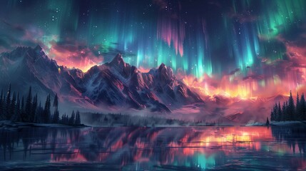 Aurora Borealis Illuminating Snowy Mountain Range, generative ai