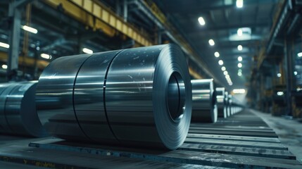 Wall Mural - Steel rolls on a conveyor belt, suitable for industrial use